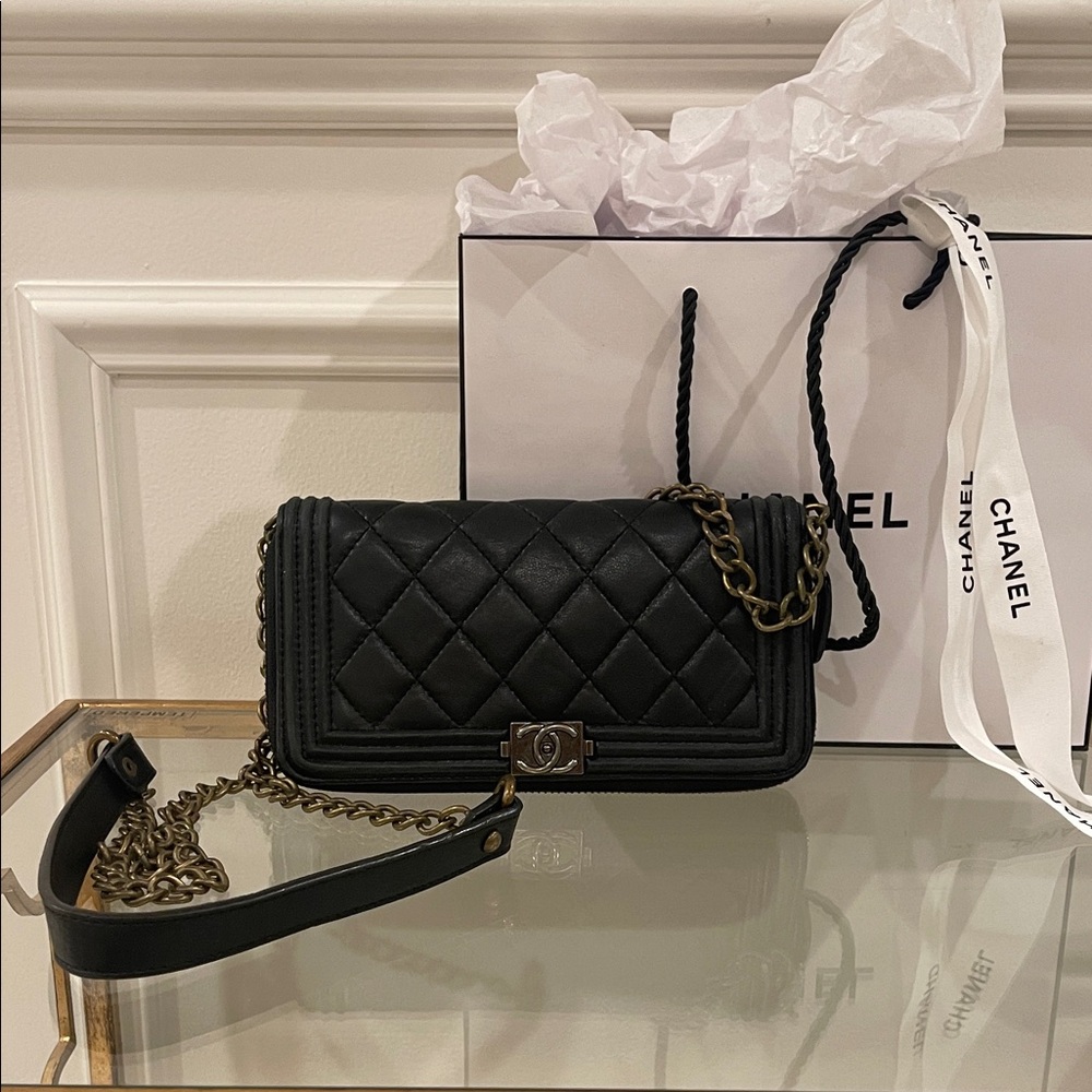 CHANEL Black Boy Zip Around Quilted Leather Wallet